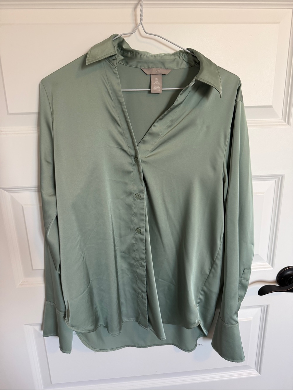 H&M Sage Green Satin Button-Up Blouse